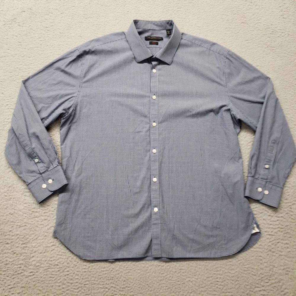 John Varvatos Shirt Mens 17.5 32/33 Blue Slim Fit USA Gingham Long Sleeve Casual